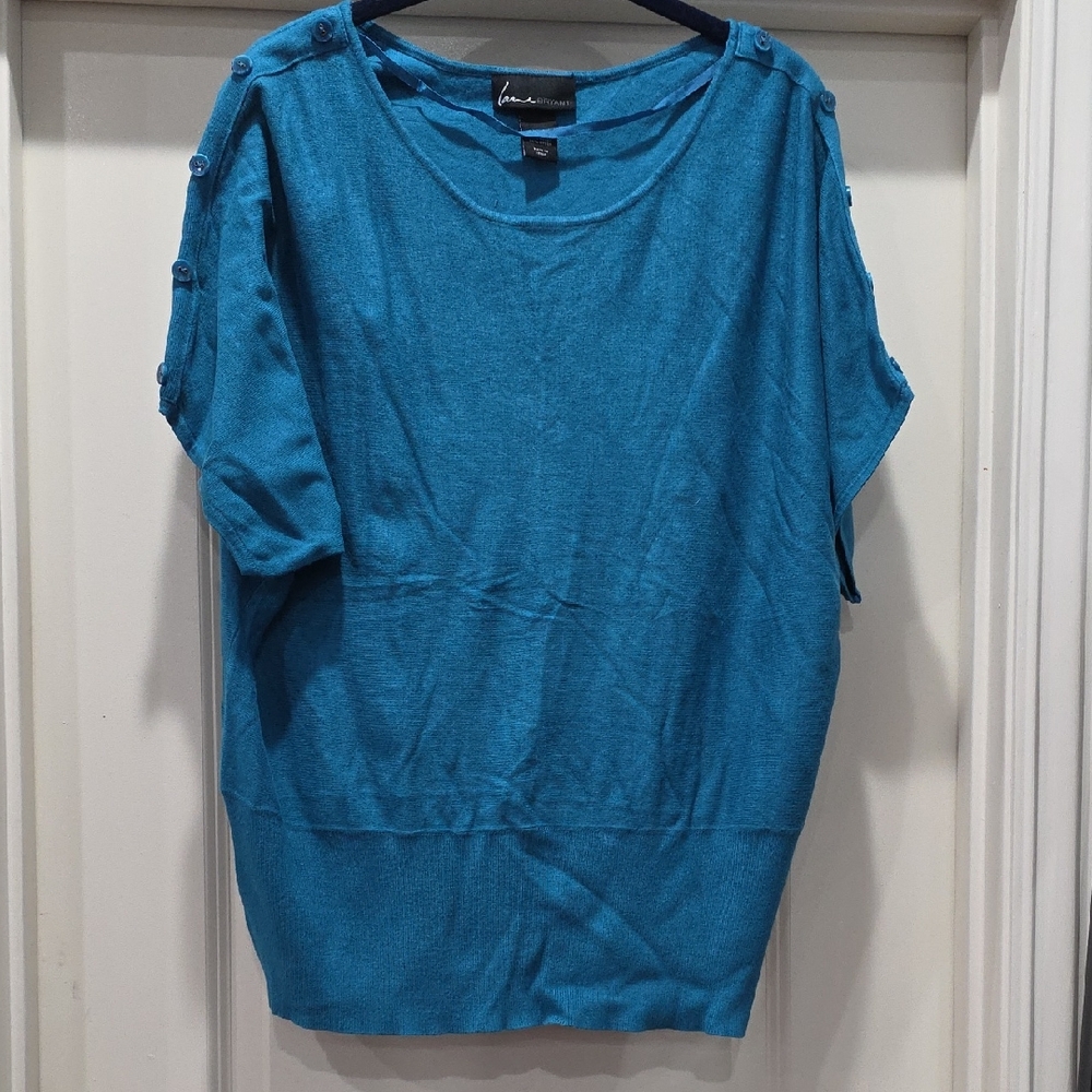 Lane Bryant Teal Blue Short-Sleeve Button-Shoulder Knit Top